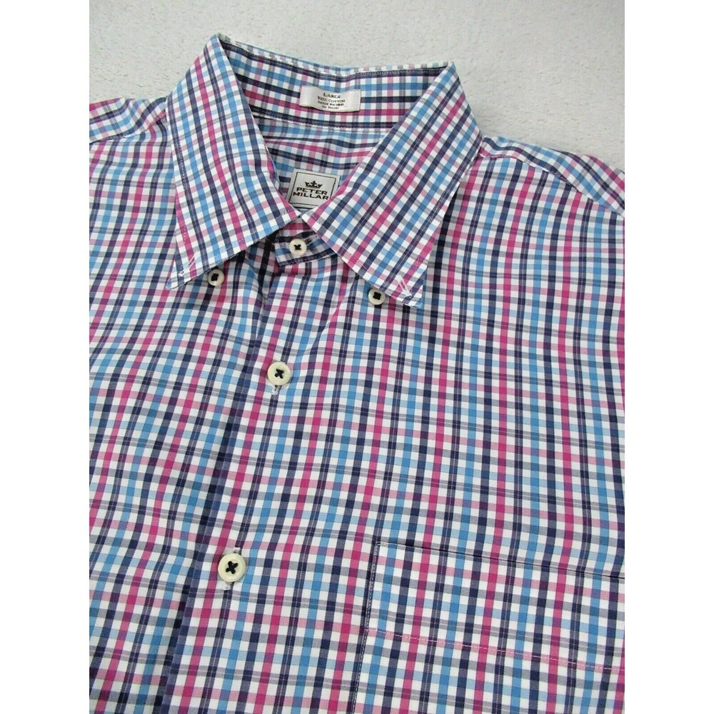 Peter Millar Men's Large Button Down Long Sleeve Dress Shirt Plaid Blue Red